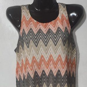 A-line, lined,tank, fitted dress, size 12 large, peach, gray, cream